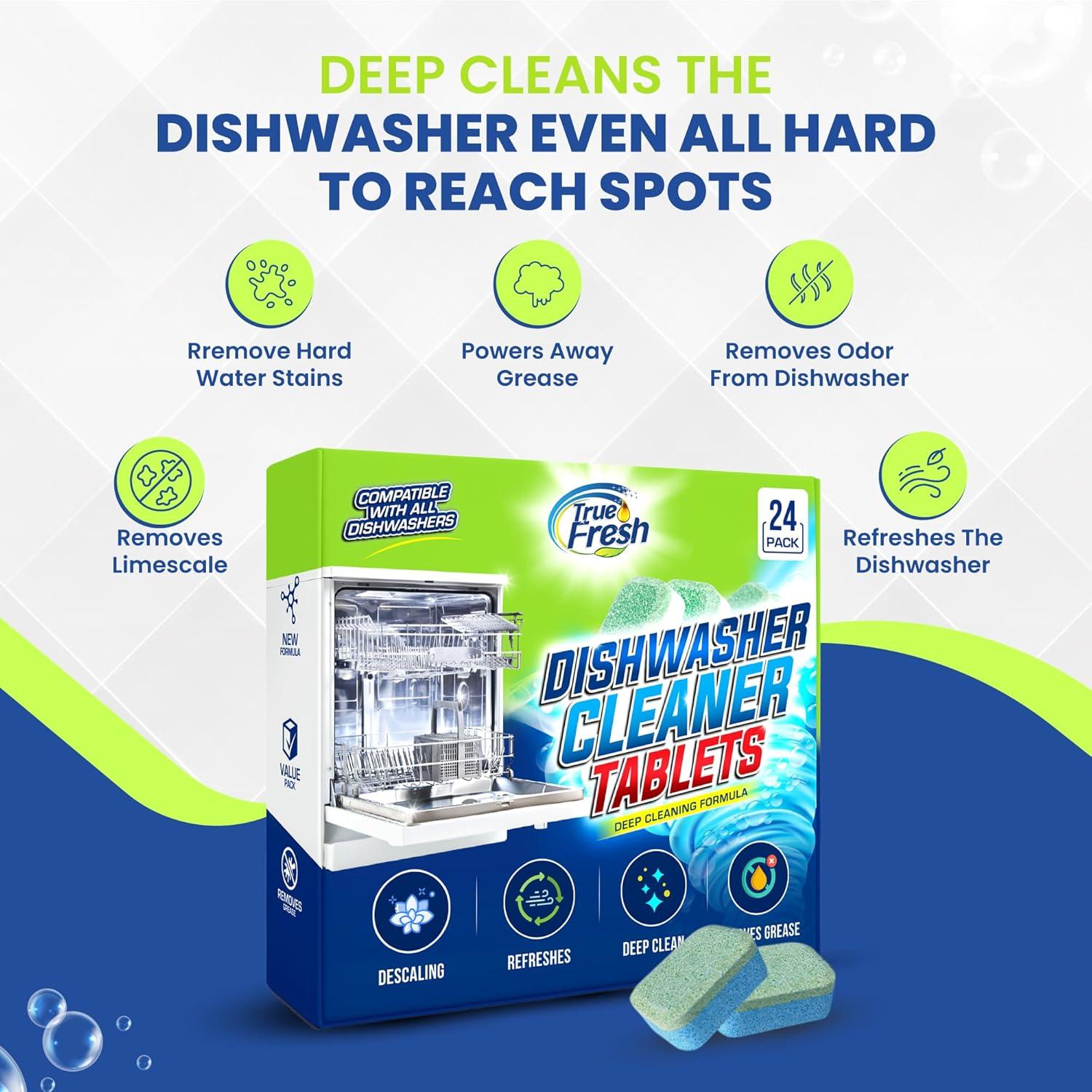 image:imageTrue Fresh Dishwasher Cleaner amp Deodorizer Tablets 24Pack Dishwasher Maintenance Tablets for Interior Pump Filter Spray arm amp Drain Helps Remove Grease Limescale amp Mineral Buildup 1Year Supply24