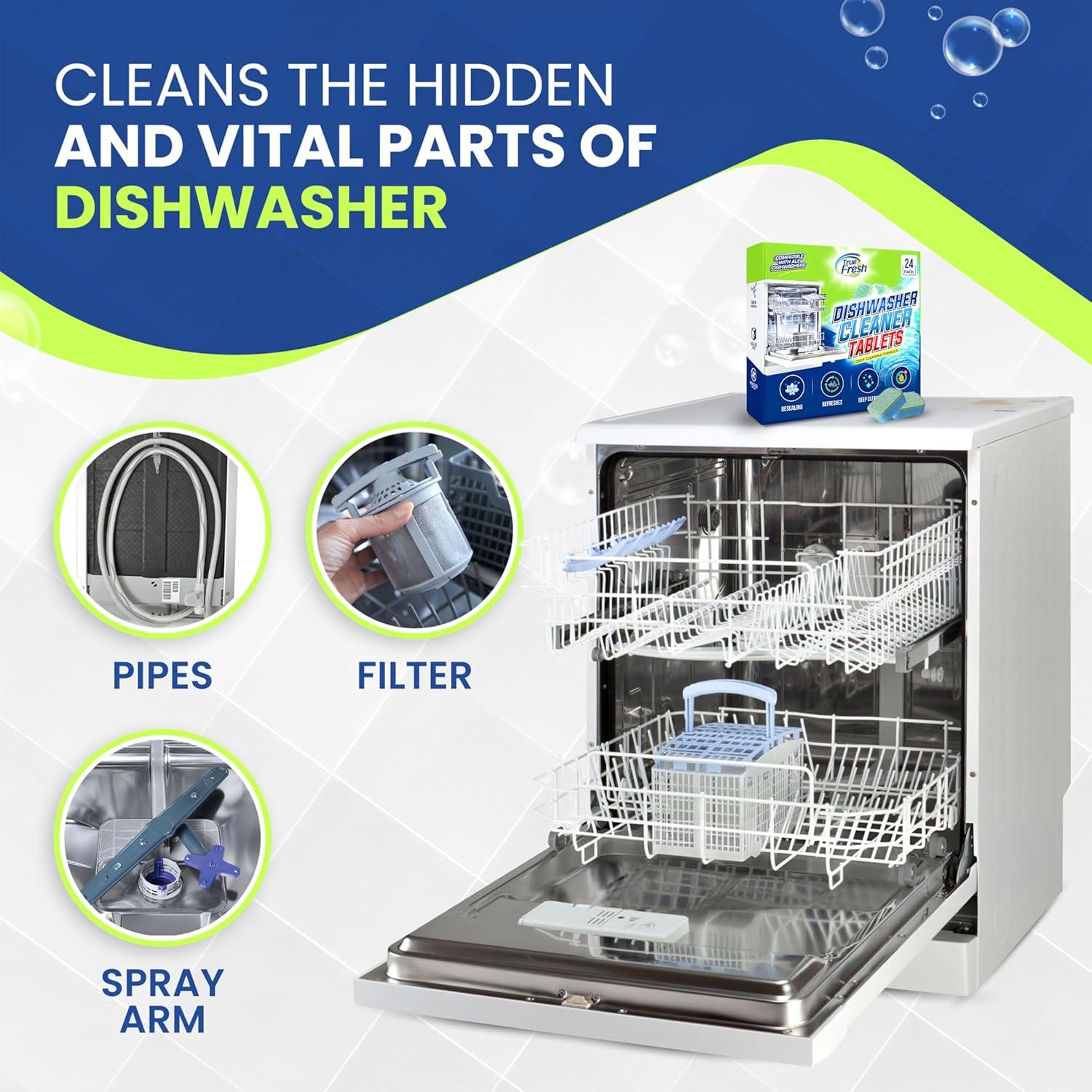 image:imageTrue Fresh Dishwasher Cleaner amp Deodorizer Tablets 24Pack Dishwasher Maintenance Tablets for Interior Pump Filter Spray arm amp Drain Helps Remove Grease Limescale amp Mineral Buildup 1Year Supply24