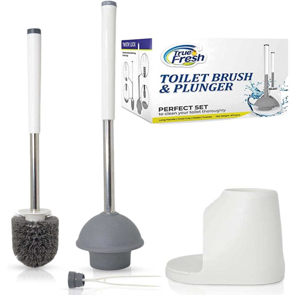 image:imageTrue Fresh Toilet Brush and Plunger Set with Holder Caddy Stainless Steel Brush and Toilet Plunger for Heavy Duty 2in1 Scrubber Combo with Hidden Tweezer amp Extendable Plastic HandleWhite