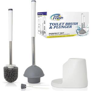 image:imageTrue Fresh Toilet Brush and Plunger Set with Holder Caddy Stainless Steel Brush and Toilet Plunger for Heavy Duty 2in1 Scrubber Combo with Hidden Tweezer amp Extendable Plastic HandleWhite